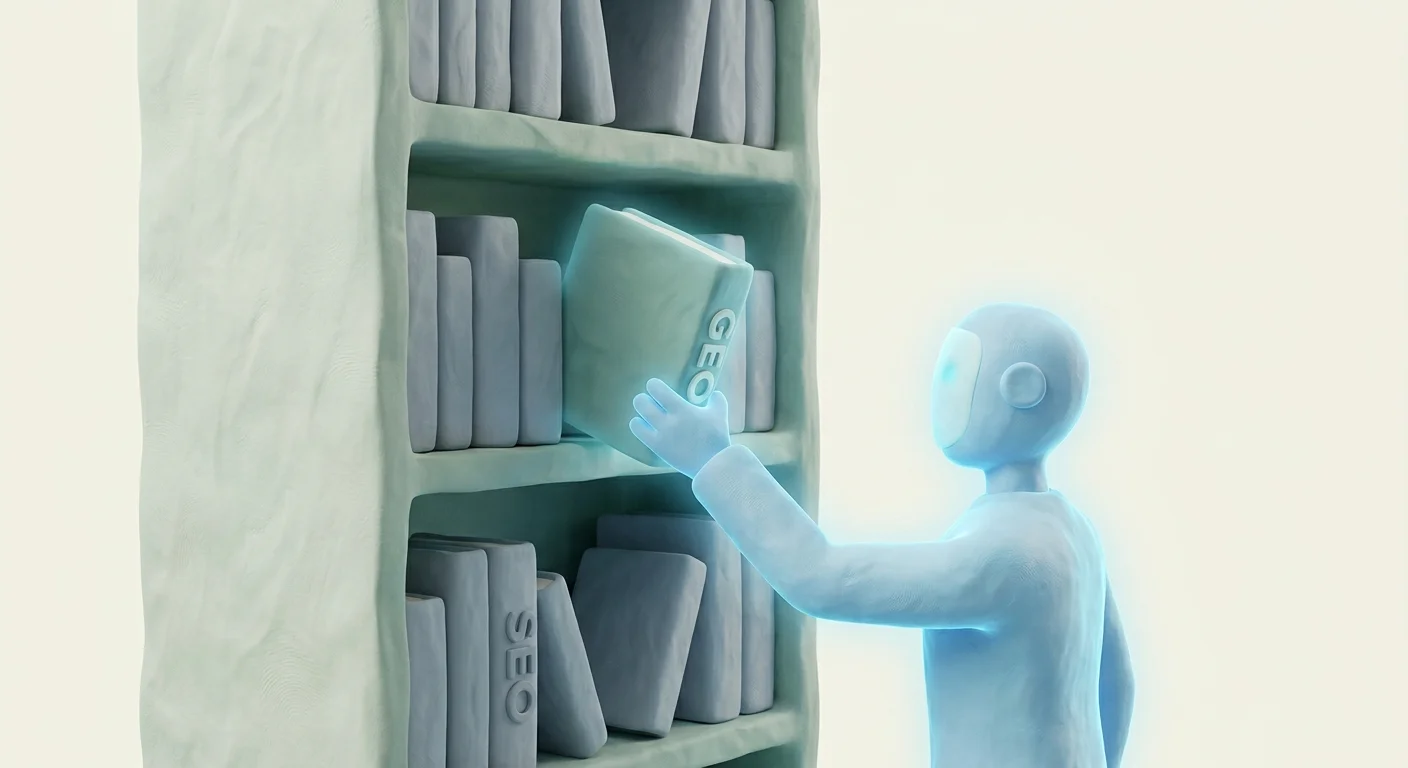 A futuristic digital library where a glowing AI agent pulls specific, highly relevant books from the shelves, symbolizing the shift toward Generative Engine Optimization.