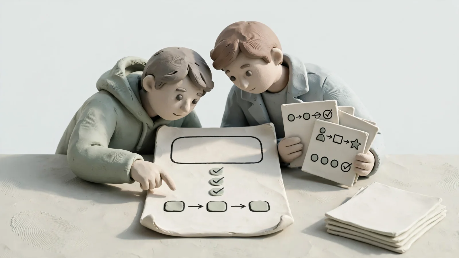 A small-team founder and a customer review a product page beside firsthand case-study notes, conveying the value of verifiable evidence over high-volume publishing; show no readable text or logos.