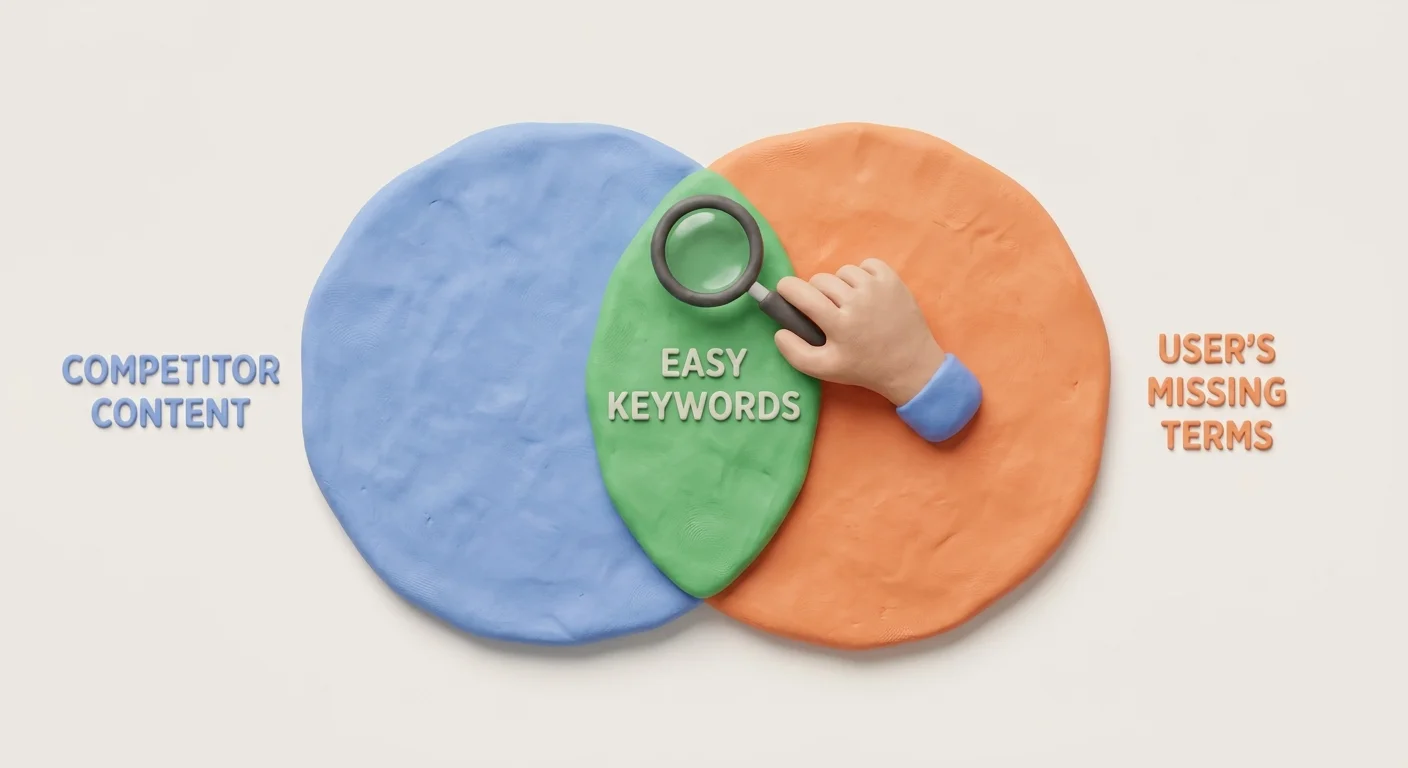 A minimalist Venn diagram showing the overlap between a competitor's content and a user's missing search terms.