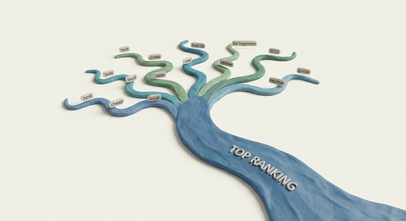 A conceptual illustration of multiple small streams of water merging into one large river, representing long-tail keyword clustering.