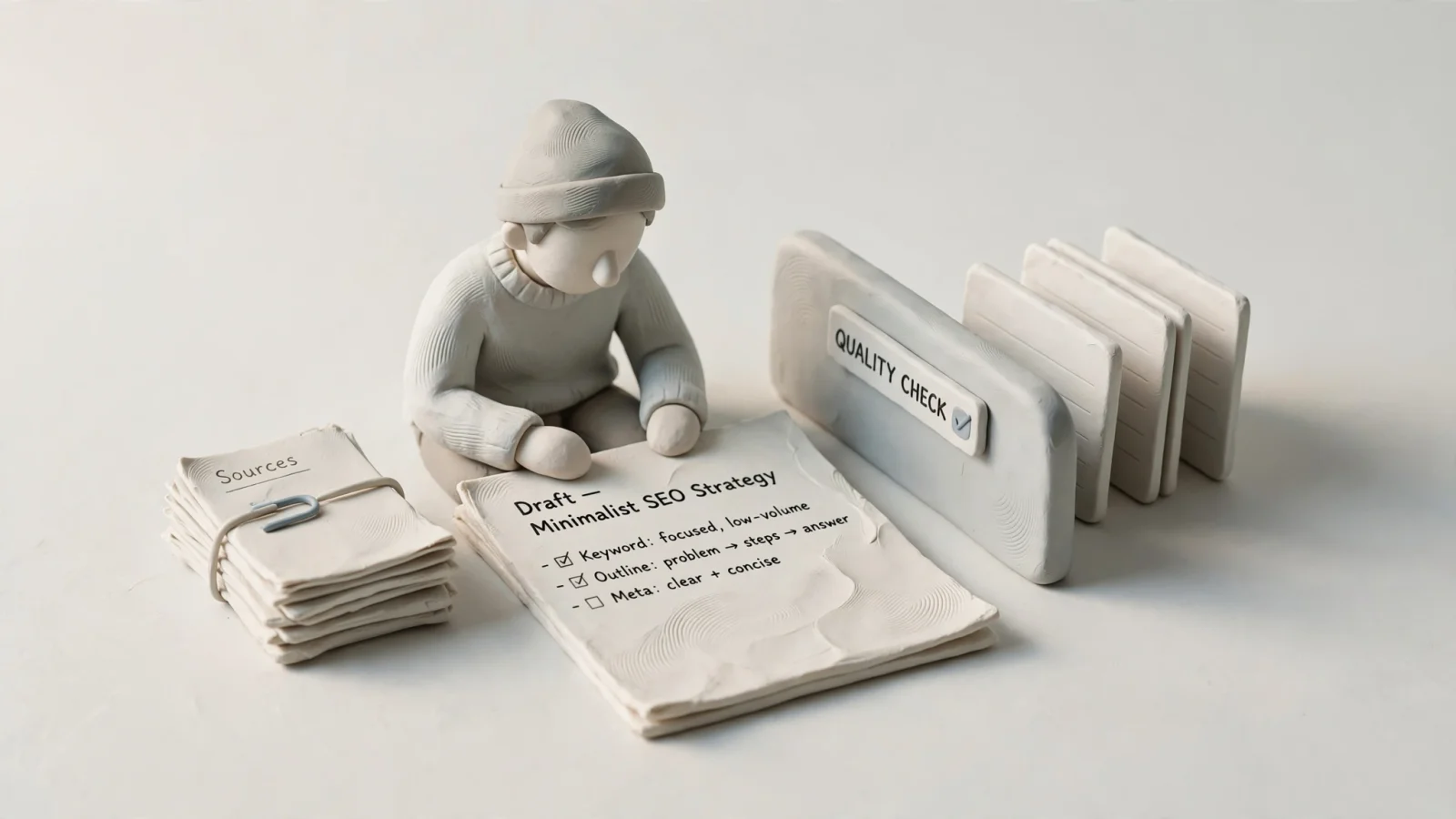 For the automation section, a wide editorial illustration of a founder reviewing one automated draft beside source documents and a CMS publishing queue, pausing at a quality gate before publication.