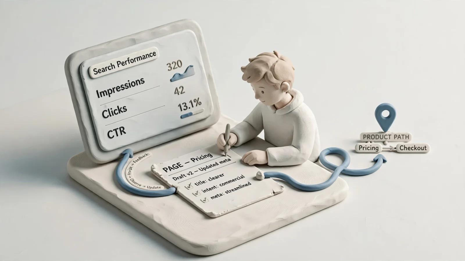 For the measurement section, a wide editorial illustration of a founder studying a search-performance dashboard, revising a page, and connecting it to a relevant product path in a visible feedback loop.