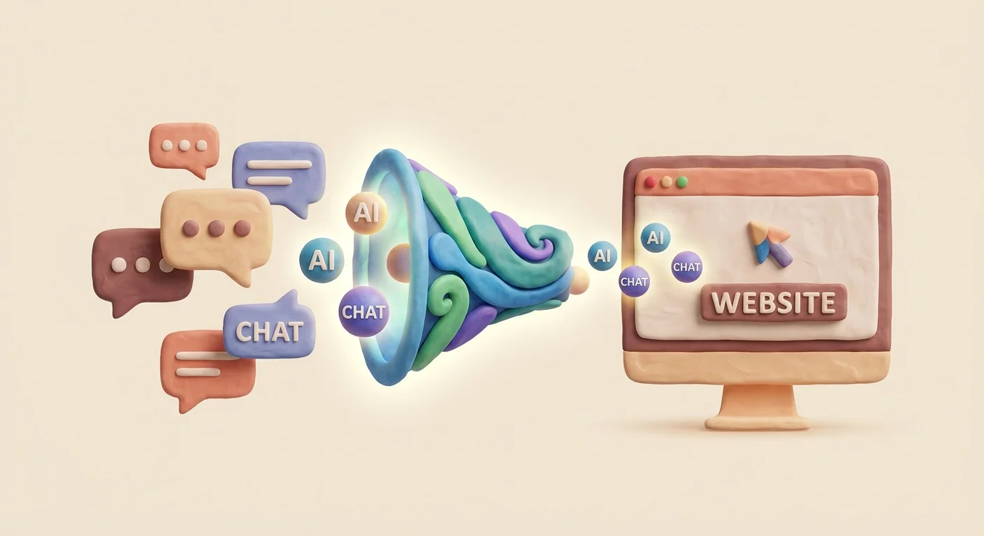 A glowing, futuristic digital funnel showing traffic flowing from AI chatbots like ChatGPT directly into a startup's website.