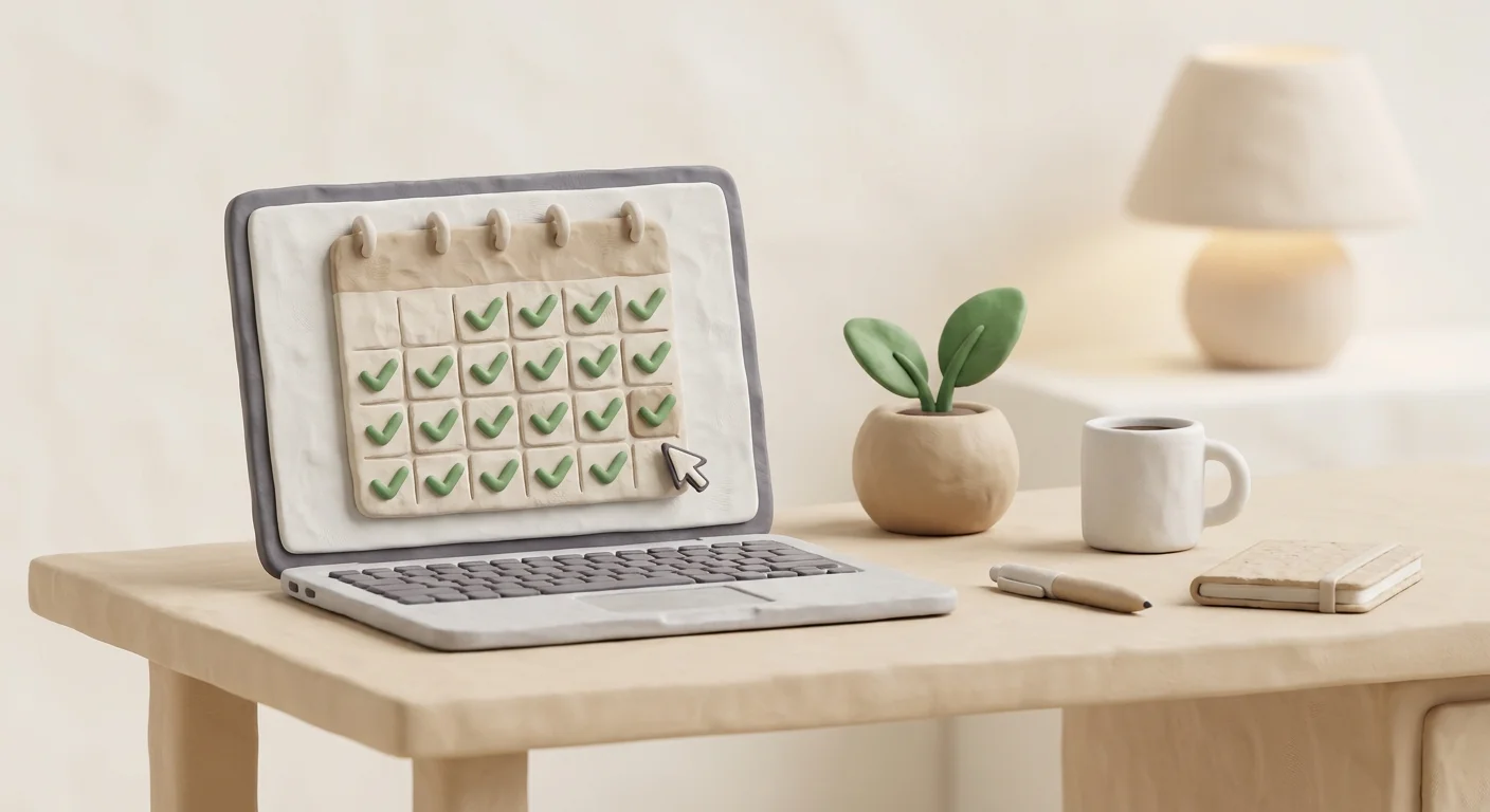 A minimalist, organized workspace with a laptop screen displaying an automated publishing calendar fully booked with green checkmarks.