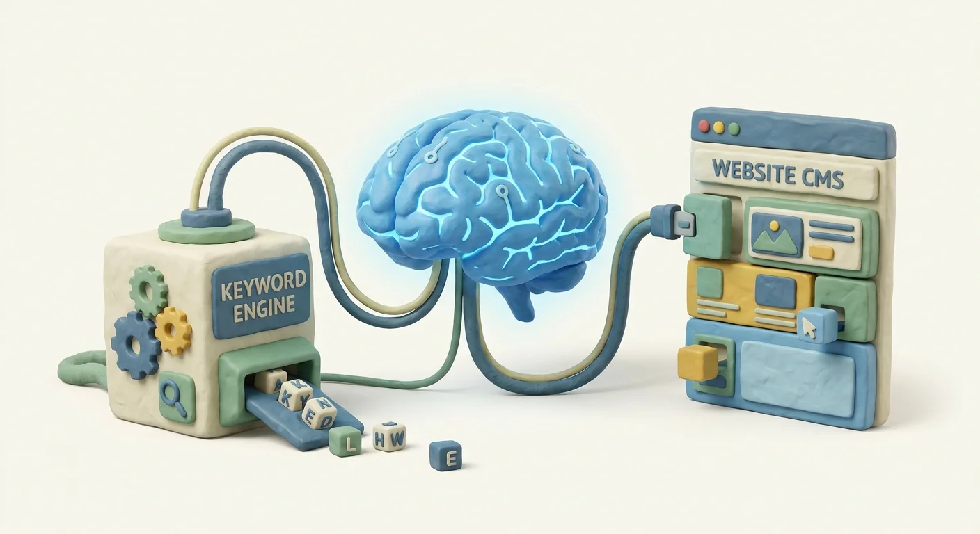 An AI brain seamlessly connecting a keyword discovery engine directly to a live website CMS.