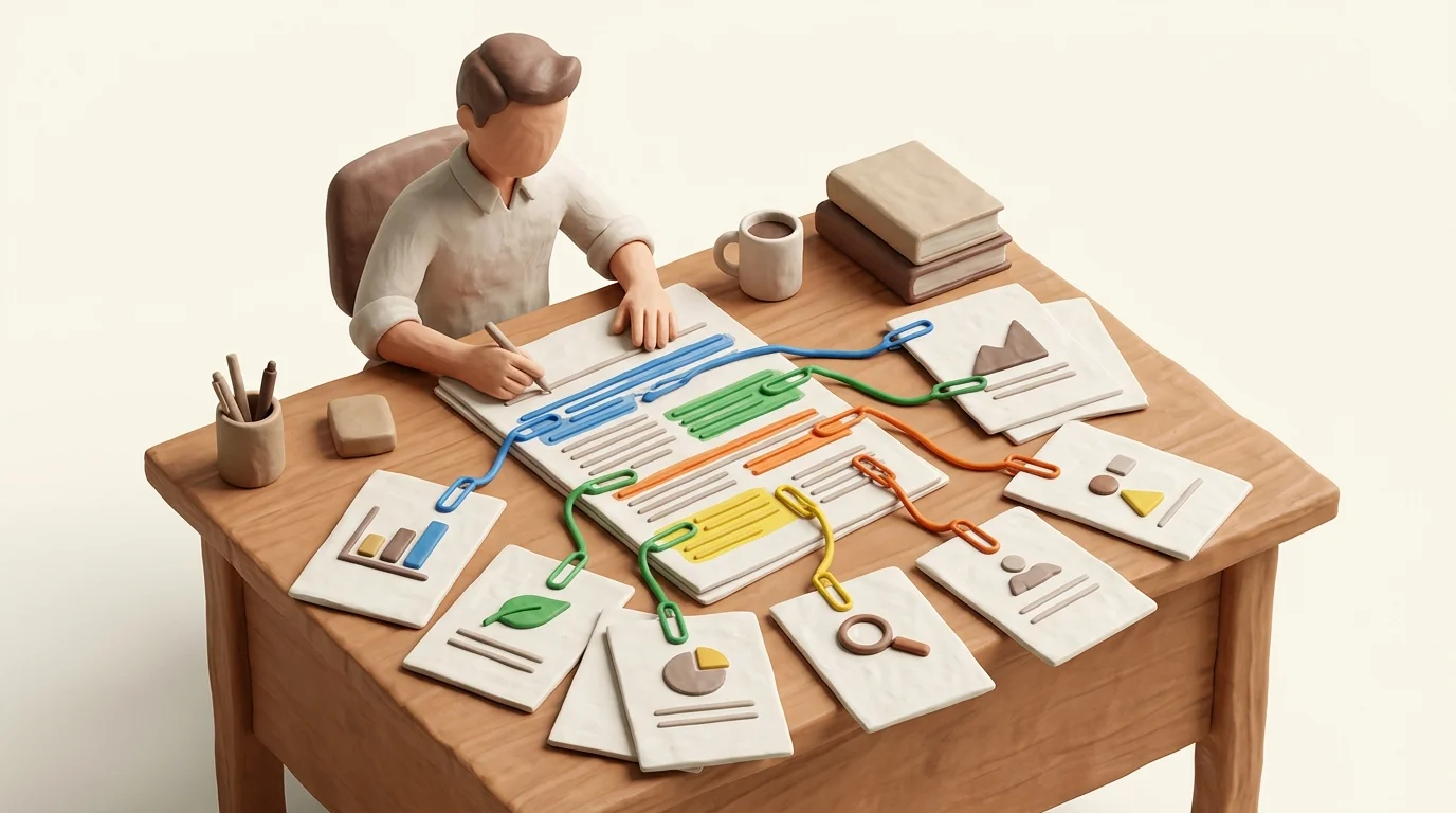 Evaluation: An editor uses colored paper clips to connect highlighted claims in a printed article to the exact source documents spread across a workspace, with no text.