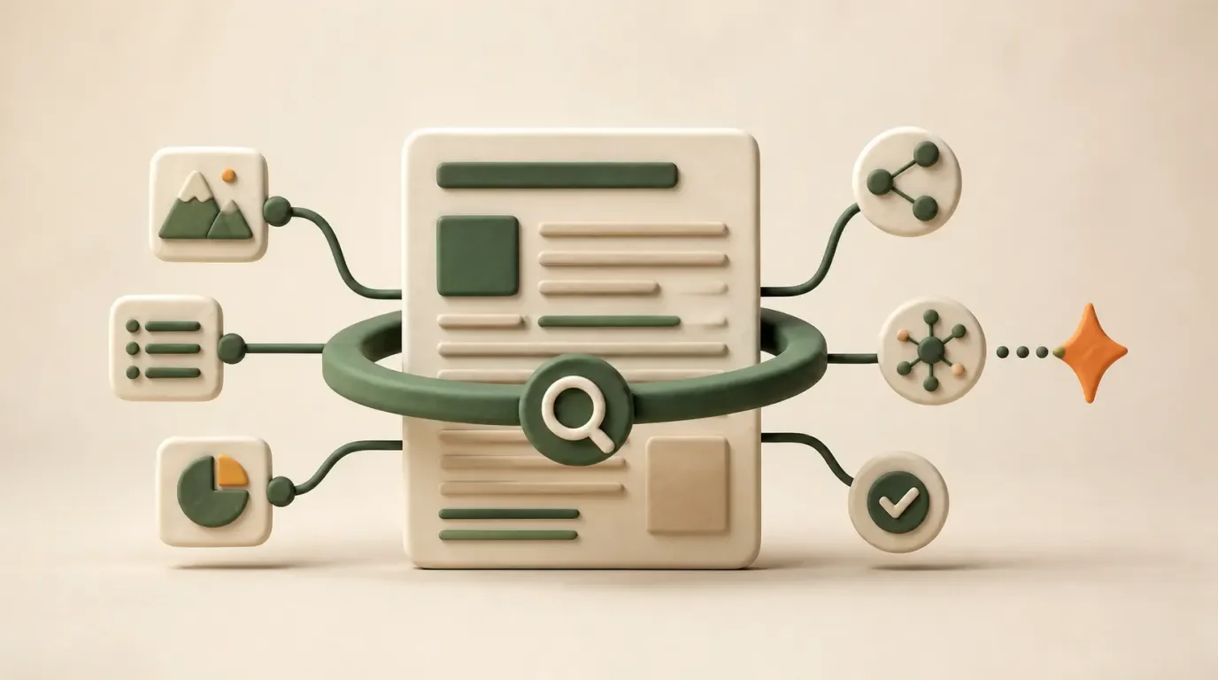 A claymation article page connected to search, evidence, citation, and performance signals.