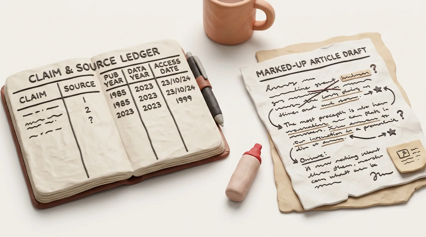 A close-up editorial desk showing a claim-and-source ledger that separates publication year, data year, and access date beside a marked-up article draft.