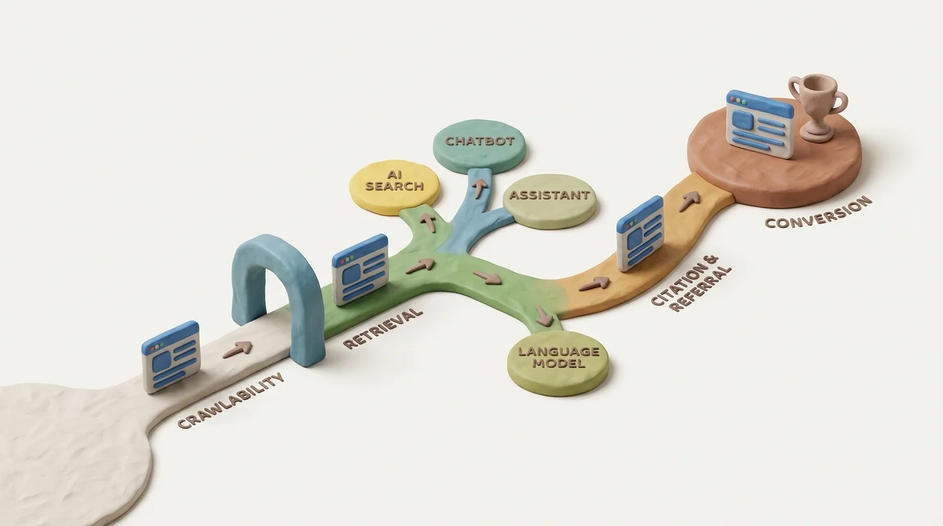A layered pathway diagram showing one webpage moving from crawlability to retrieval to citation, referral, and conversion across Google AI Search, ChatGPT, Claude, and Gemini.