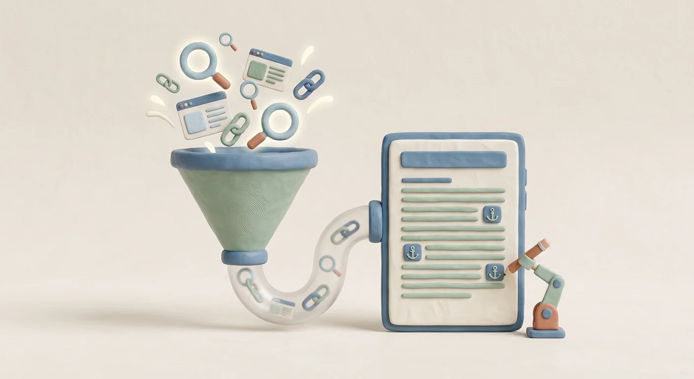 A futuristic digital funnel blending live web search results into a clean, perfectly formatted blog post document.