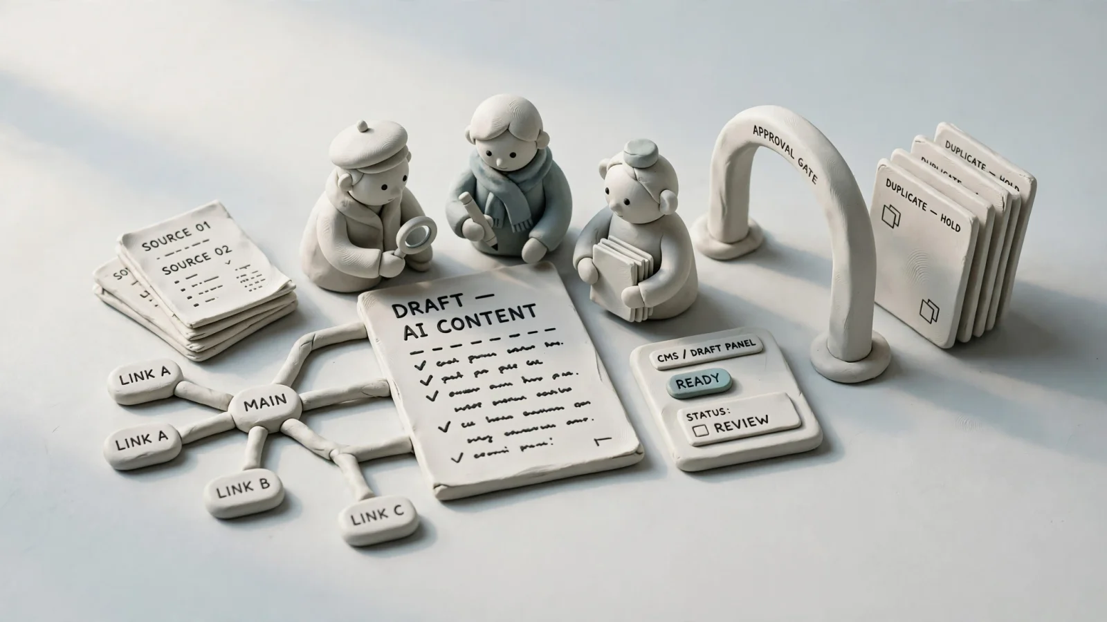 Quality-gate illustration: a small marketing team reviews a draft alongside source documents and internal-link suggestions before approving it in a CMS, showing the human oversight needed for automated publishing.
