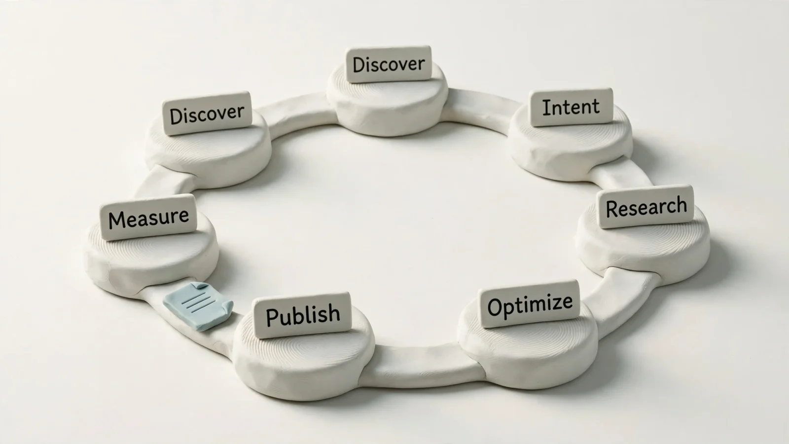 Workflow diagram: a clean circular path connects topic discovery, intent, research, optimization, publishing, and measurement, with labels "Discover," "Intent," "Research," "Optimize," "Publish," and "Measure."