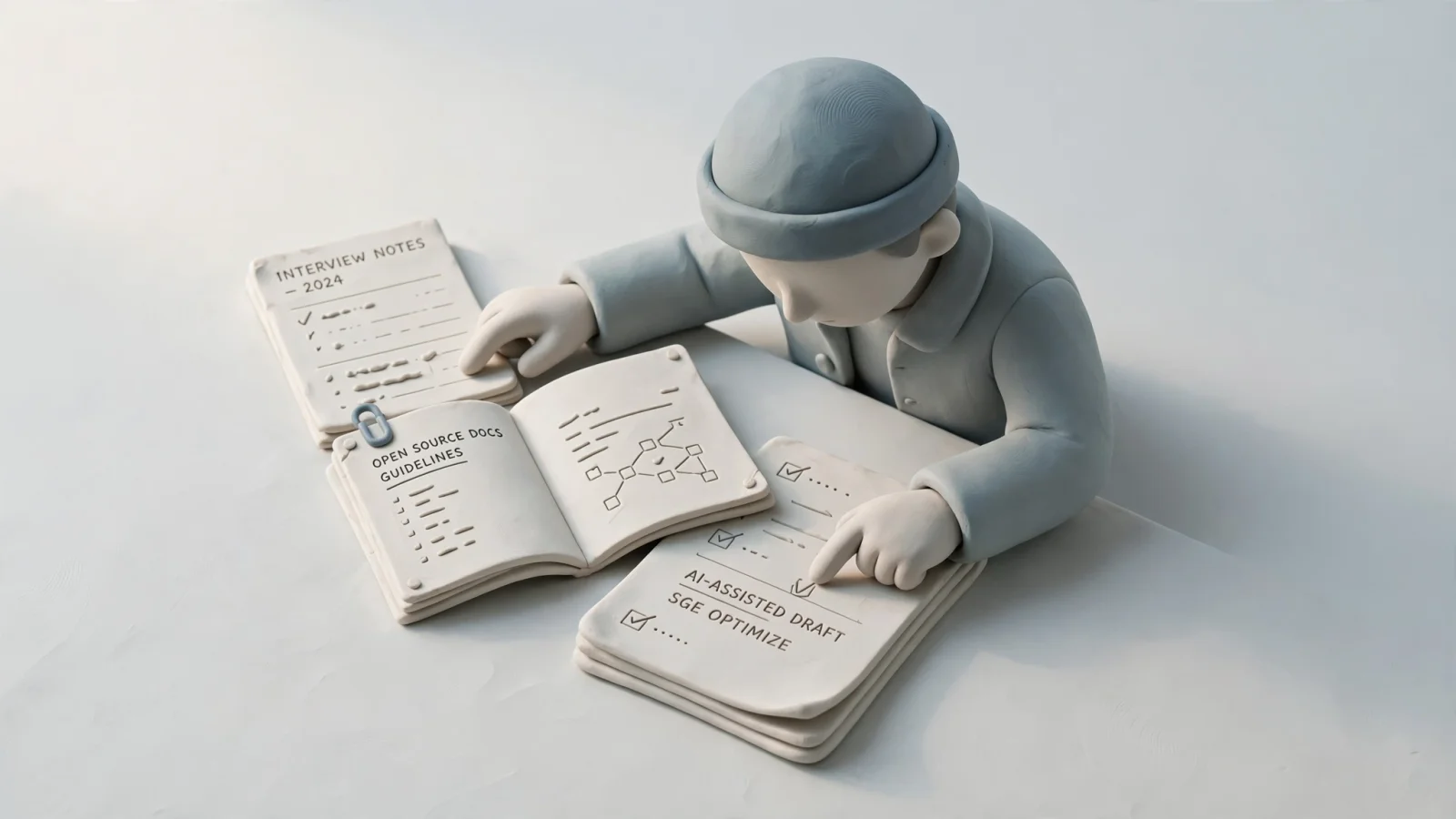 An editor checks an AI-assisted draft against original source documents and interview notes before publication, illustrating why verification matters more than output volume.
