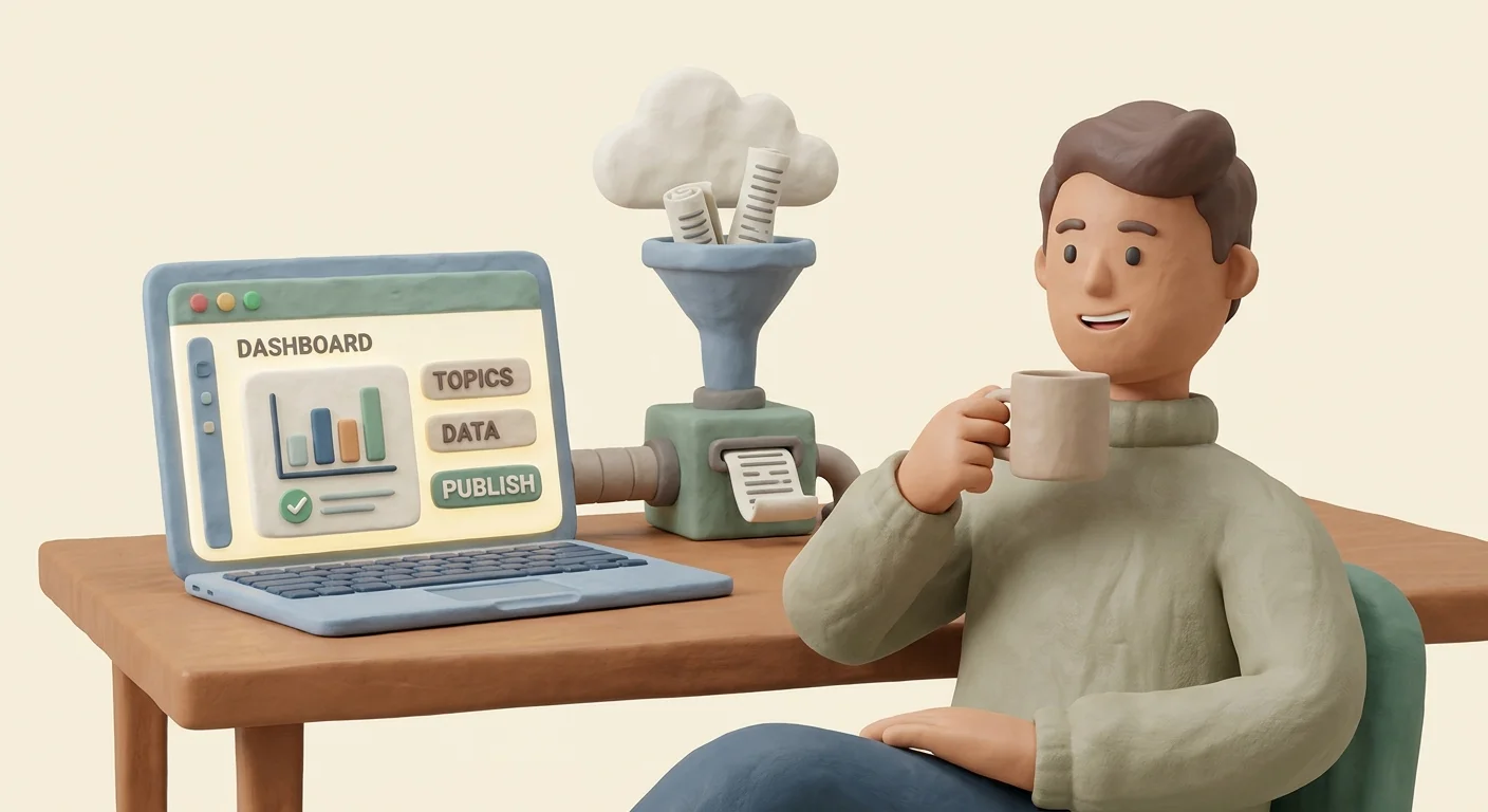 A relaxed entrepreneur sipping coffee while a futuristic dashboard on a laptop automatically writes and publishes articles in the background.