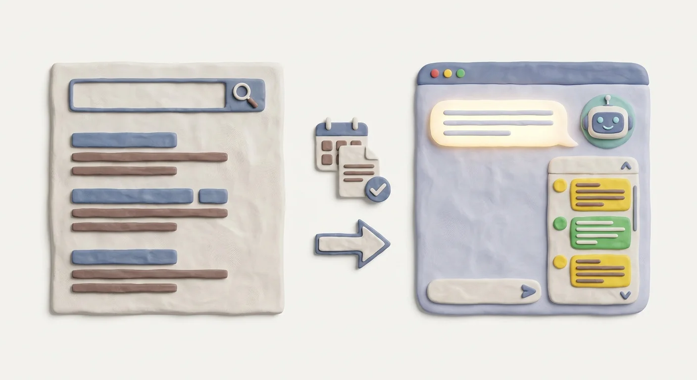 A split-screen visualization comparing a traditional search engine results page with a modern conversational AI answer engine interface.