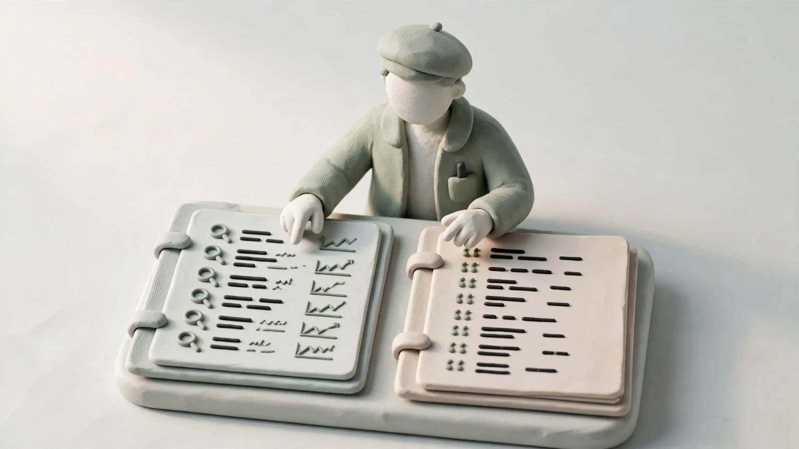 A solo marketer compares separate organic-search and AI-visibility reports at a desk, with the measures kept in distinct folders rather than merged into one score.