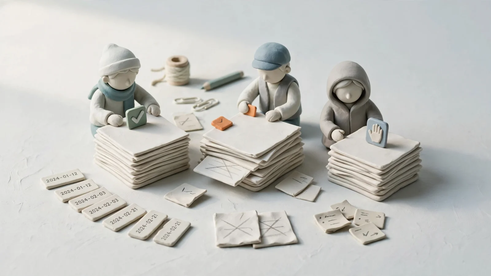 Scaling visual: a lean marketing team sorting source-backed drafts into verified, revise, and human-review piles while dated source records and correction notes sit nearby, with no readable labels.