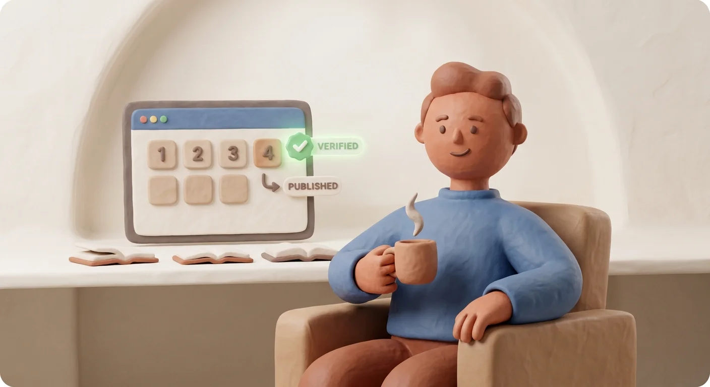 A relaxed solo founder sipping coffee while a digital calendar dashboard in the background automatically publishes verified articles day by day.