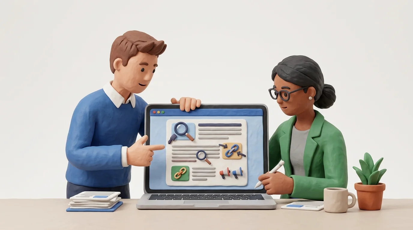 A founder and an editor review an automatically generated SEO article on a laptop, checking source links, factual claims, internal links, and brand voice before publication; request no text or logos.