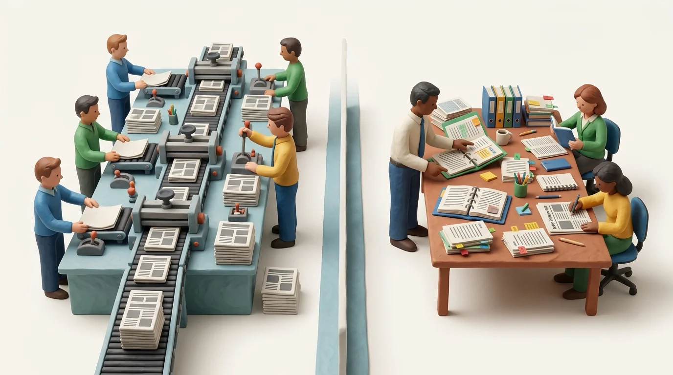 A balanced newsroom scene contrasts a high-volume autopublishing lane with a research-led daily publishing lane, showing citations and long-tail topic notes on the second desk; request no text or logos.