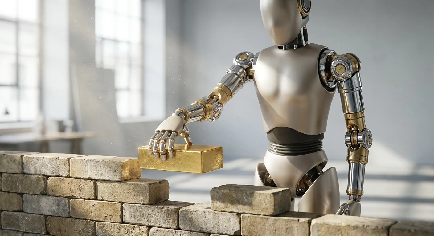 A sophisticated robot carefully placing a single, high-quality golden brick onto a growing wall, representing steady and disciplined content velocity.