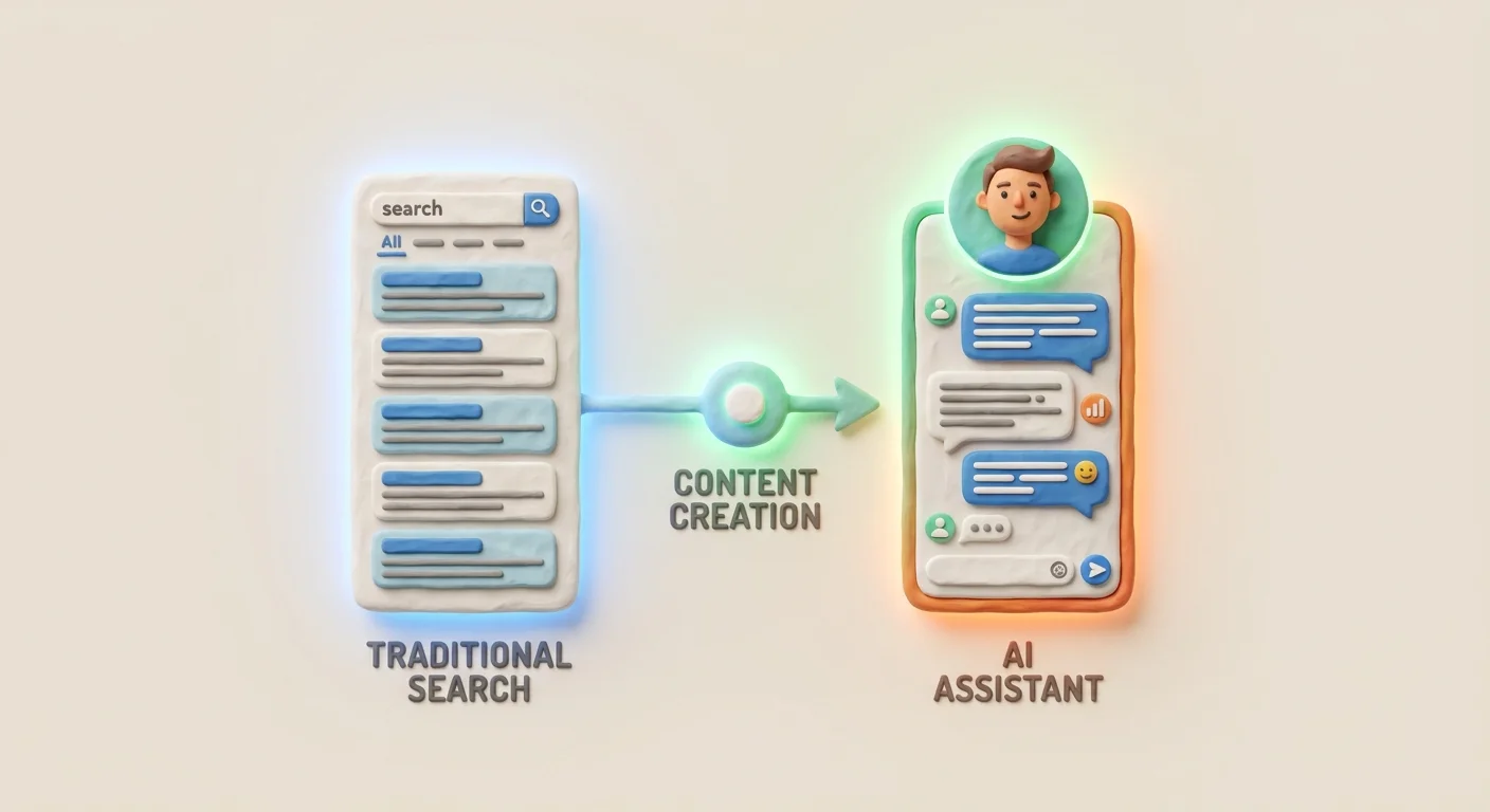 A dual-pathway glowing digital flowchart showing a traditional search engine results page on one side and a dynamic, conversational AI chatbot interface on the other.