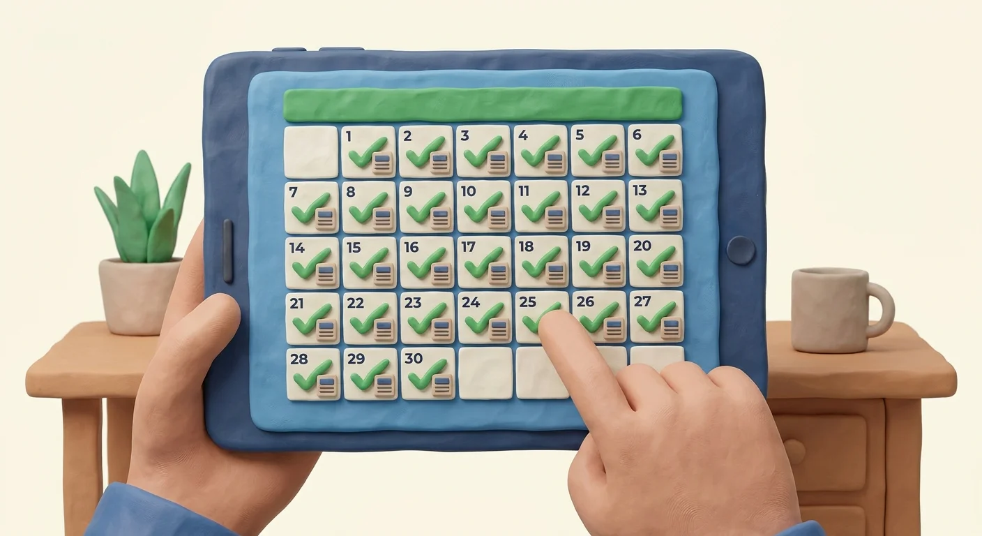A modern digital editorial calendar on a tablet displaying a full 30-day schedule of published articles with green checkmarks, representing consistent, automated output.
