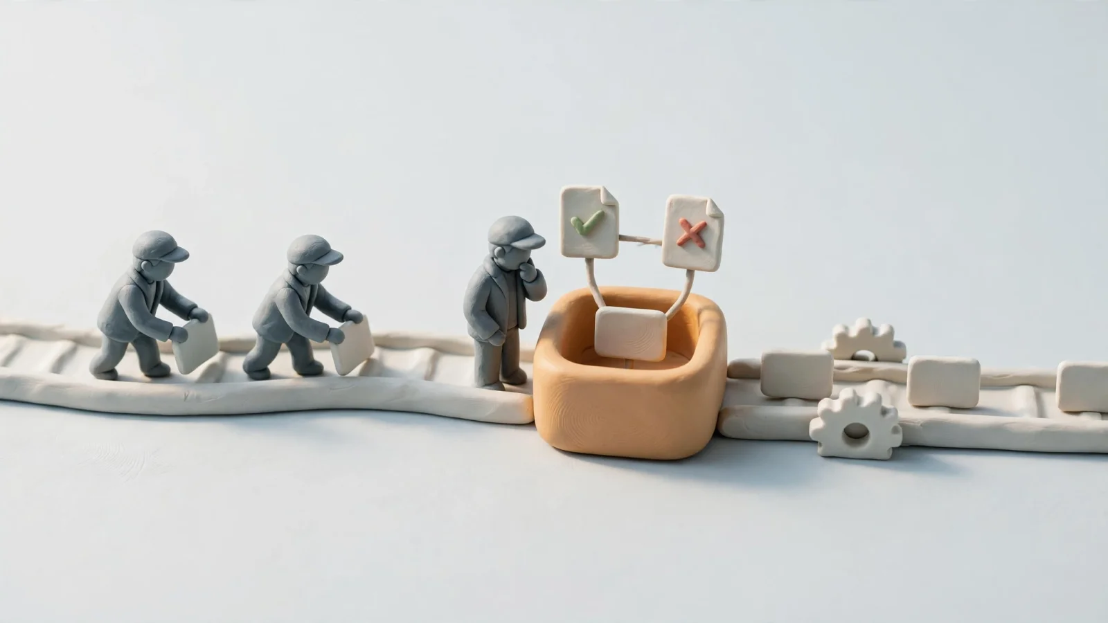 Near the human-review section, show a lean editorial team moving clear claims along a publishing path while an editor examines a conflicting-source exception in an amber queue, with no readable text.