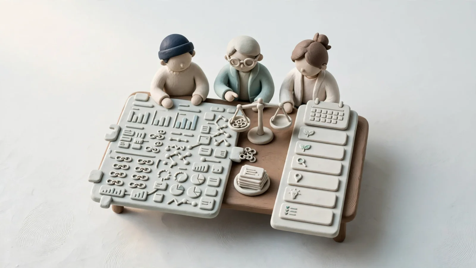 A wide editorial scene shows a small marketing team weighing a broad automation dashboard with backlink reporting against a focused daily content calendar built around carefully selected long-tail topics.