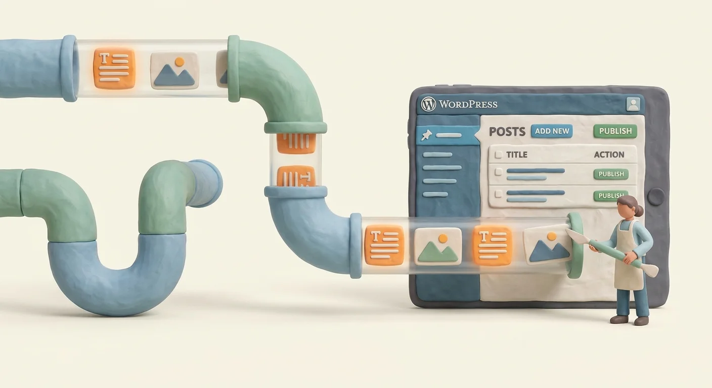 A conceptual visualization of a data pipeline smoothly transferring glowing text blocks and images directly into a WordPress-branded CMS dashboard.