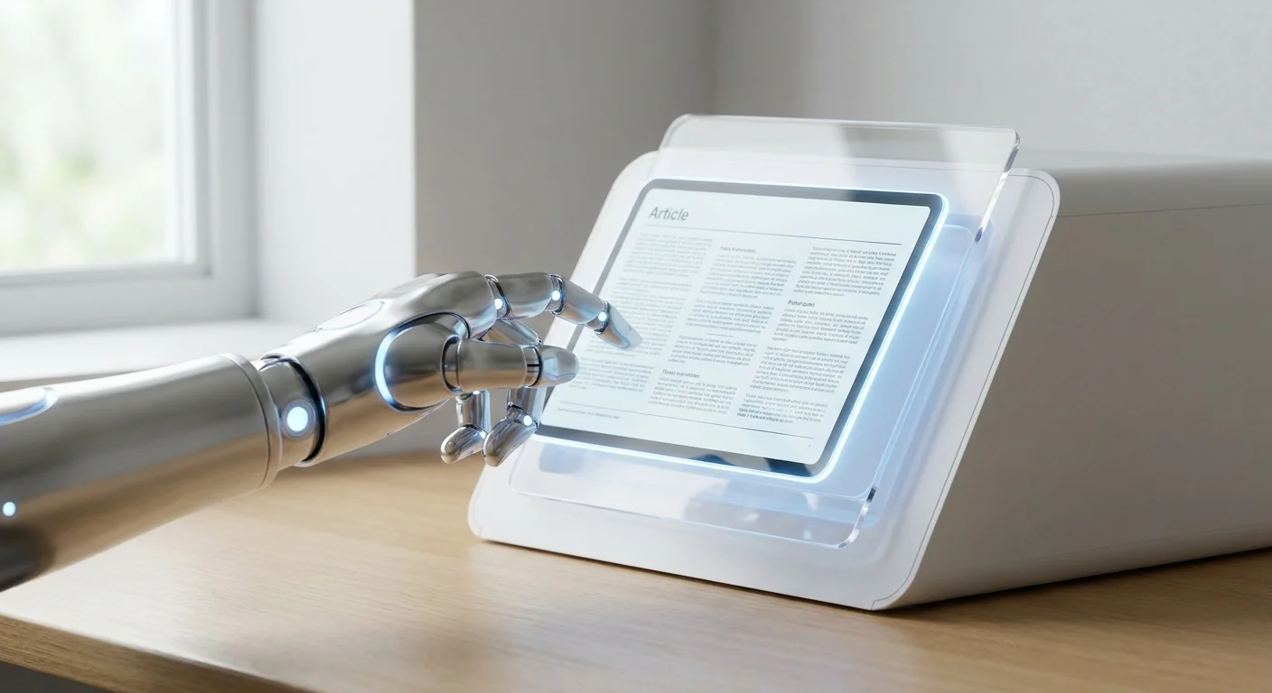 A sleek, futuristic robotic arm gently placing a perfectly formatted article directly into a website's publishing queue.