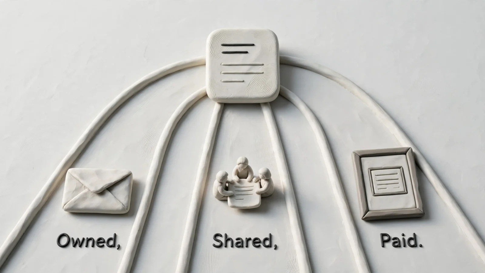 A clear editorial triptych shows the same article reaching readers through a company newsletter, a relevant community, and a paid placement, with the lanes labeled "Owned," "Shared," and "Paid."
