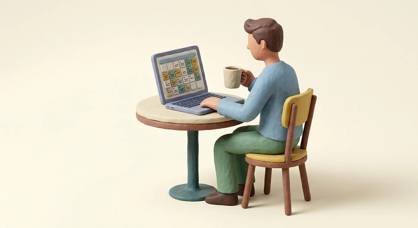 A solo entrepreneur sitting comfortably at a cafe with a coffee, while their laptop screen displays an automated, fully populated monthly content calendar.