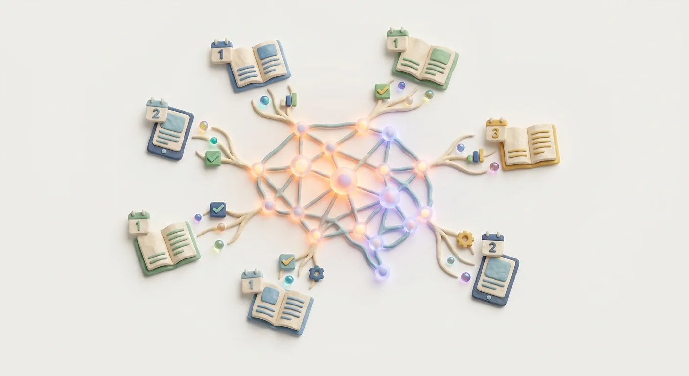 A glowing digital network metaphor representing AI search engines pulling glowing nodes of cited facts and structured data from various blog articles.