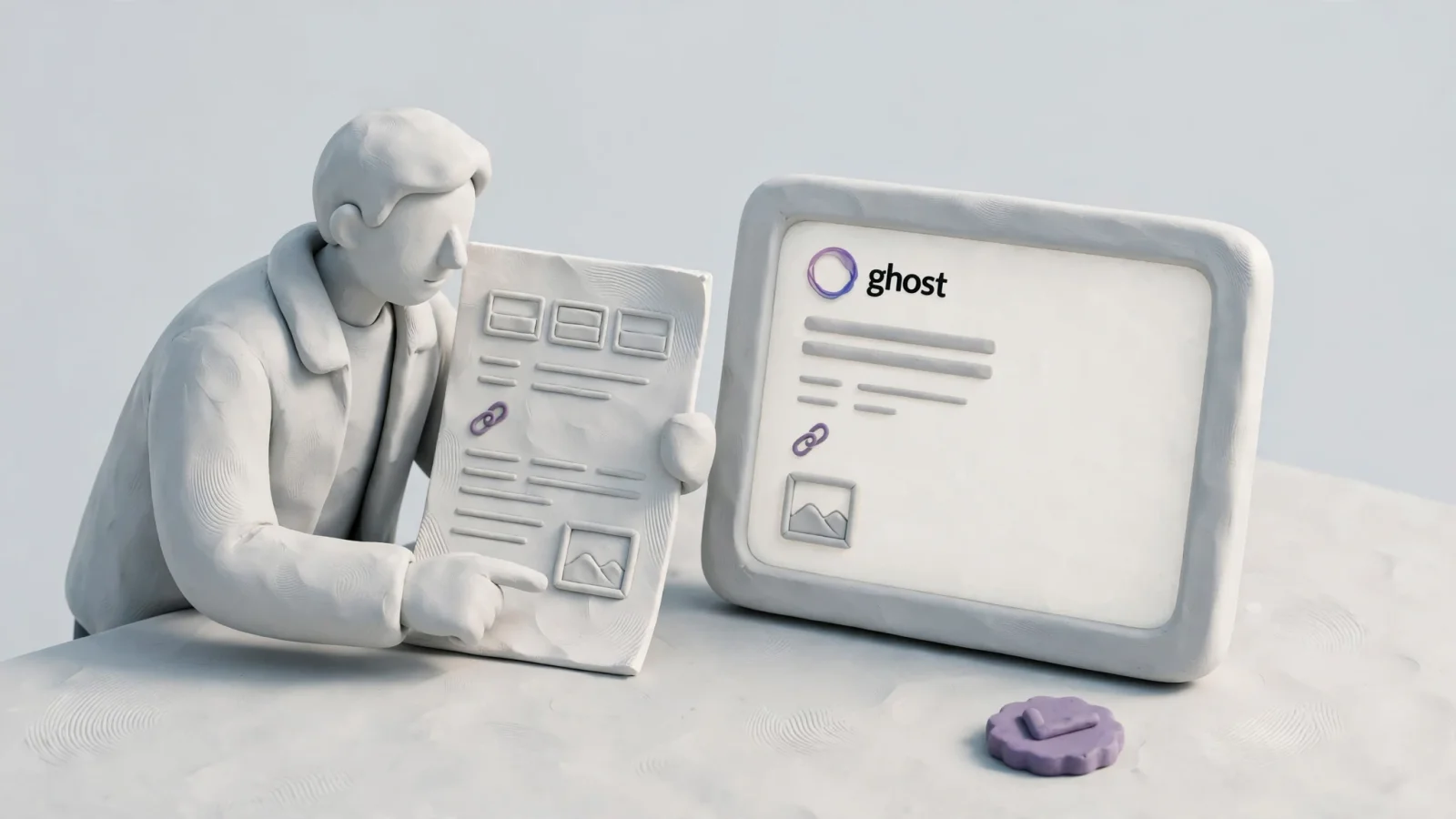 An editor checks a Ghost post preview against its source article, inspecting headings, links, and image placement before approving publication.