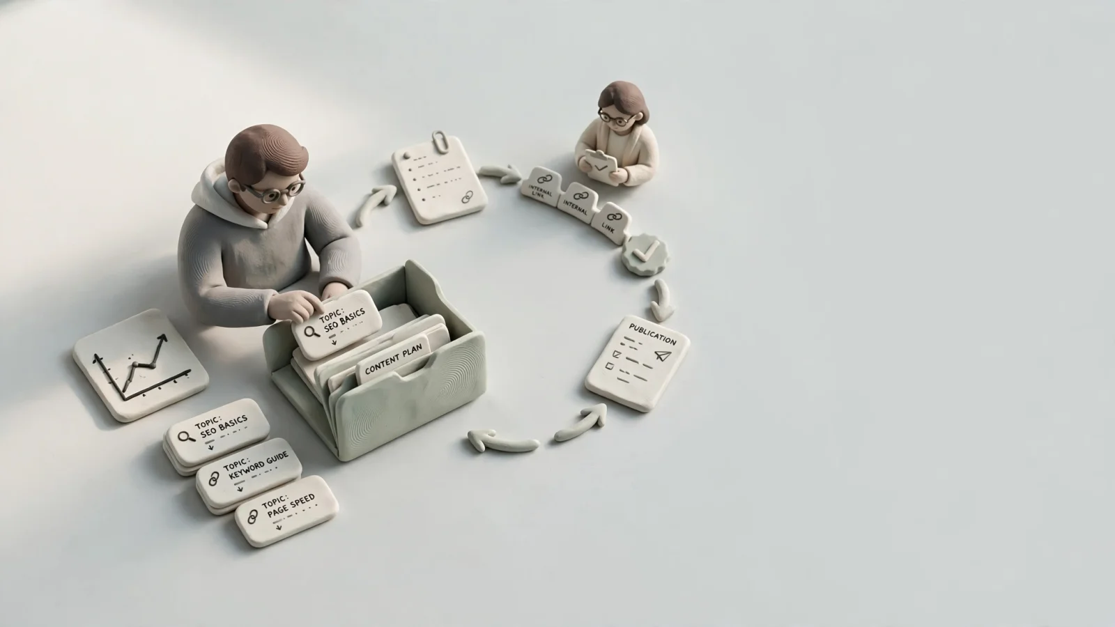 A wide editorial illustration of a marketer comparing a Search Console performance trend with search results and revising a content plan in a clear data-to-update loop.