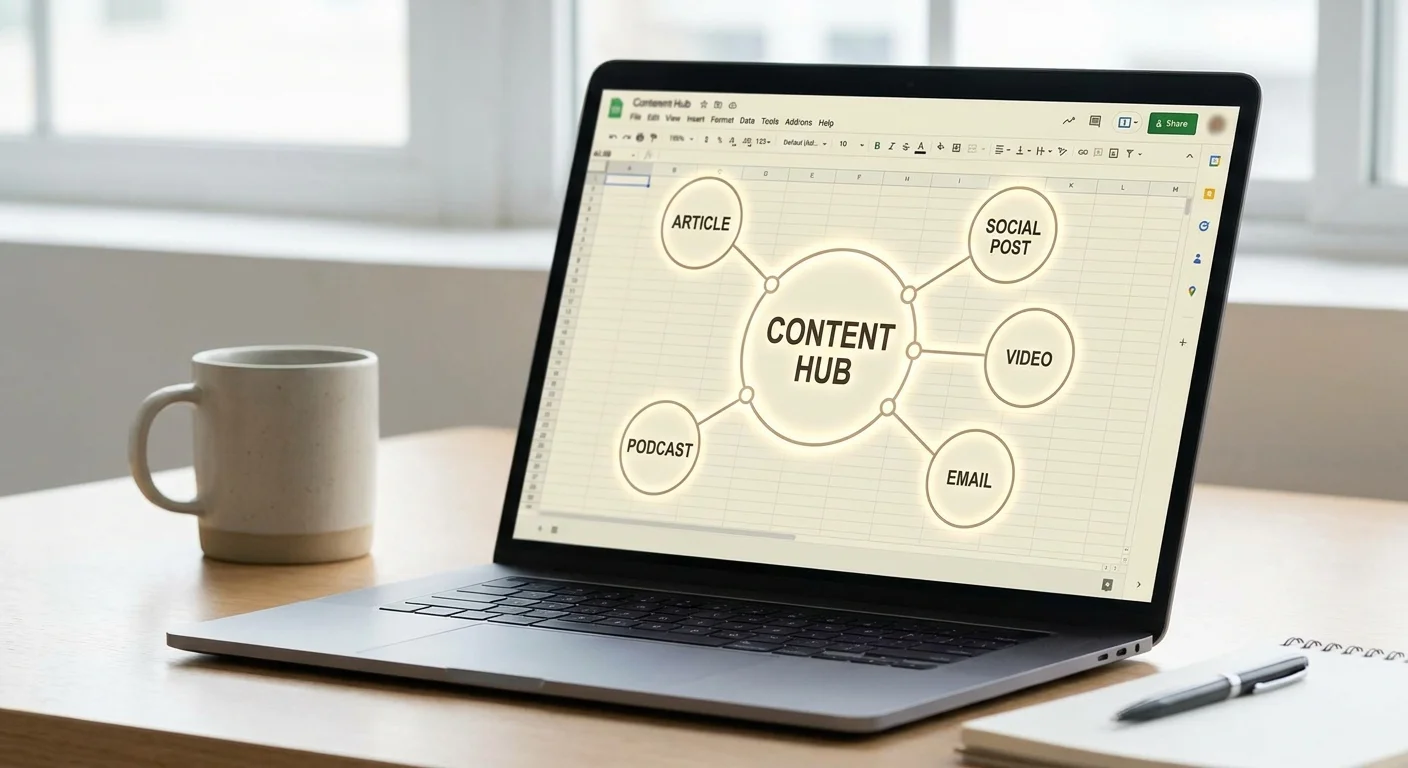 A tight cluster of interconnected digital nodes glowing on a screen, visually representing a hub-and-spoke content architecture.