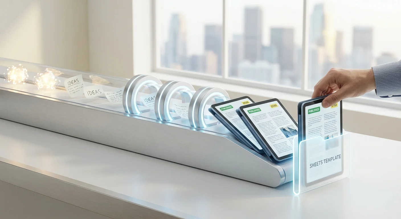 A sleek, futuristic conveyor belt where raw ideas enter on one side and polished, cited articles drop into a glowing digital folder on the other.