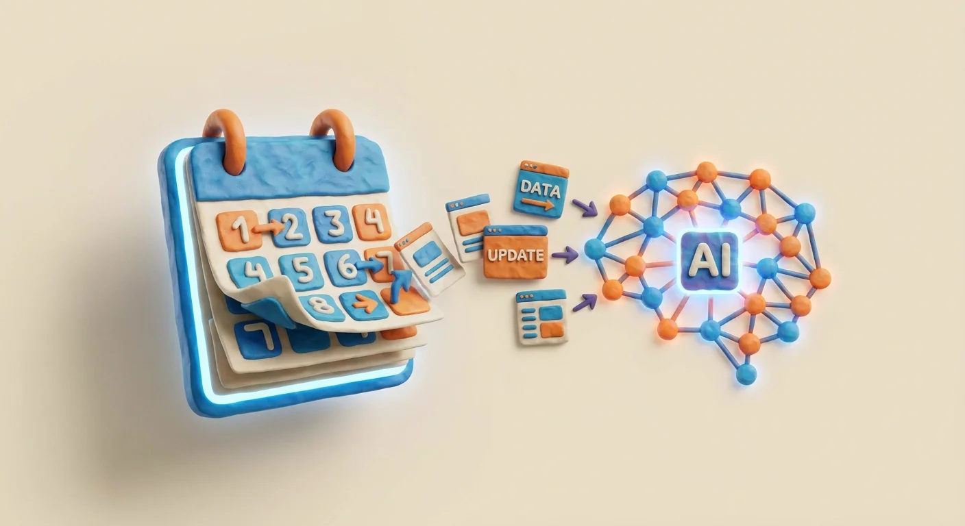 A glowing digital calendar turning its pages rapidly to feed fresh data blocks into an AI network core.