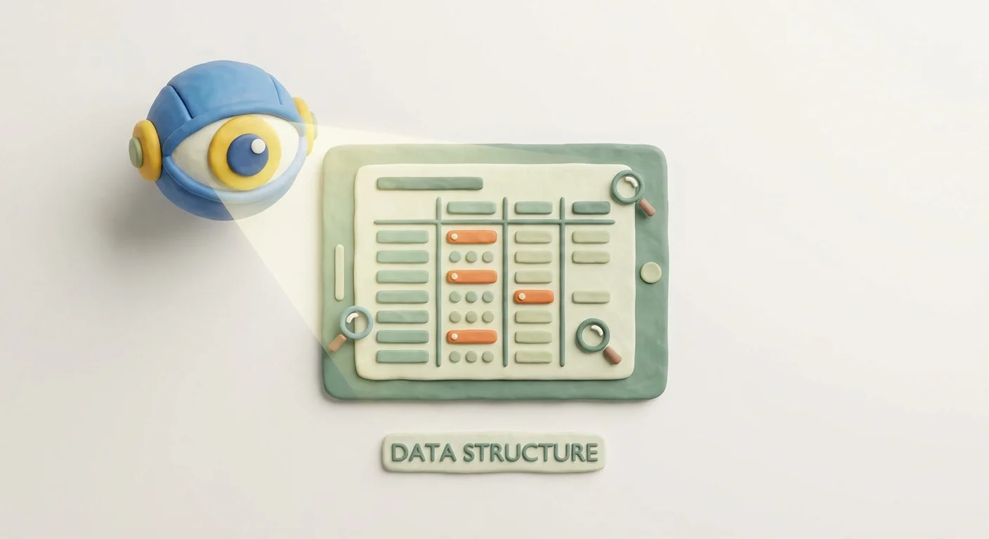 A brightly lit robotic eye reading a neatly structured digital blueprint with clear tables and highlighted bullet points.