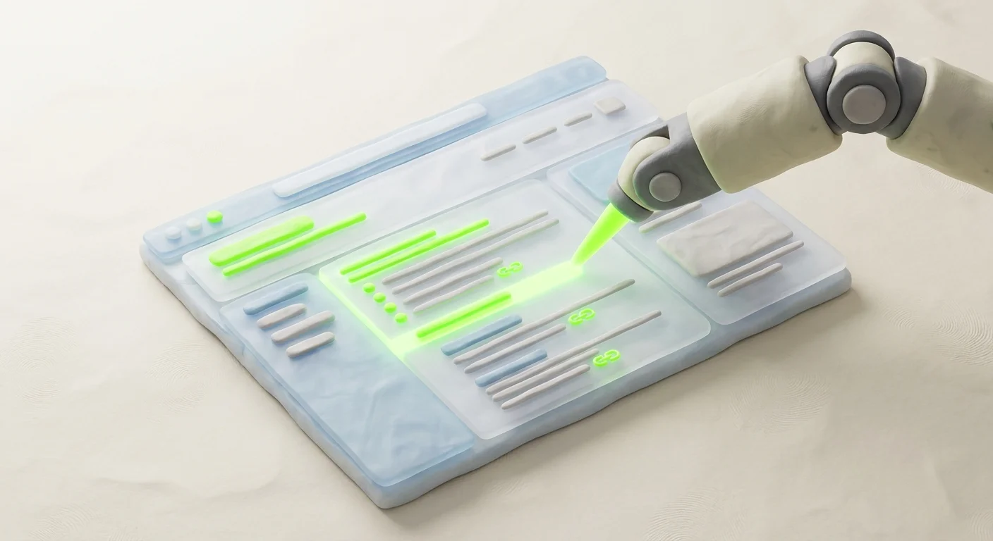 A glowing, futuristic web page structure where headers, bullet points, and citation links are highlighted in neon green by a robotic arm scanning the text.