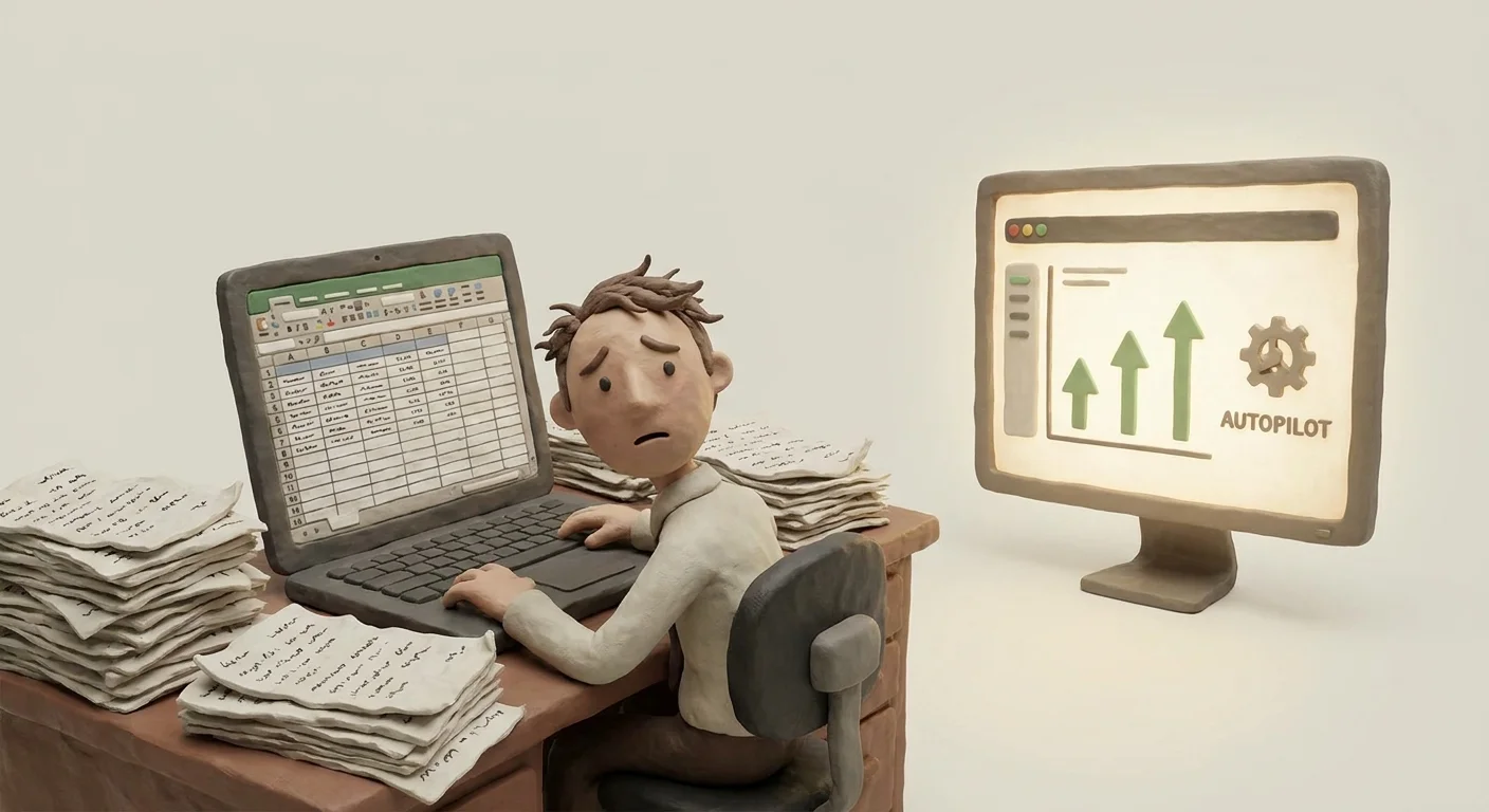 A stressed solo founder drowning in complex spreadsheets at a desk, juxtaposed against a sleek, glowing dashboard operating independently on a secondary monitor.