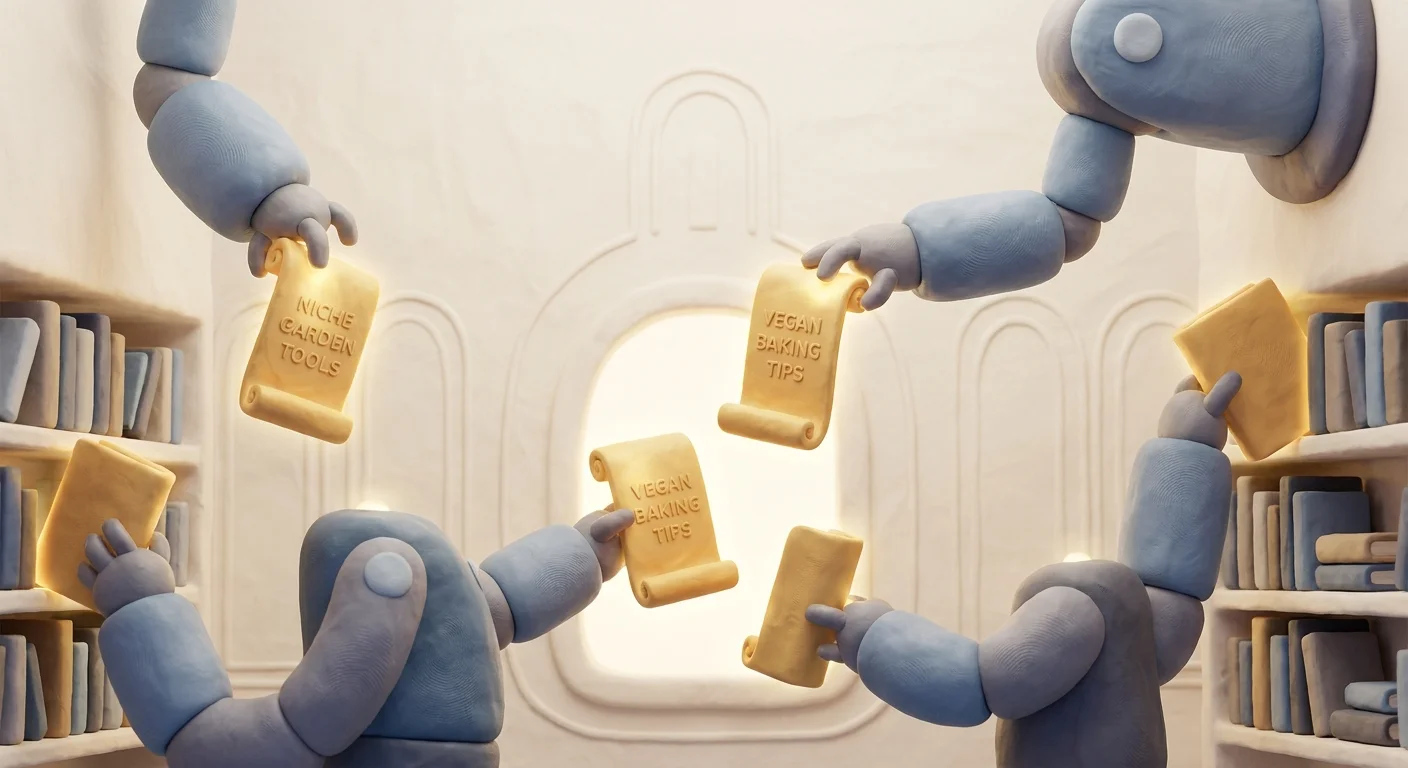 A futuristic, glowing library archive where robotic arms are seamlessly pulling highly specific reference books for users, symbolizing RAG and AI search retrieval.