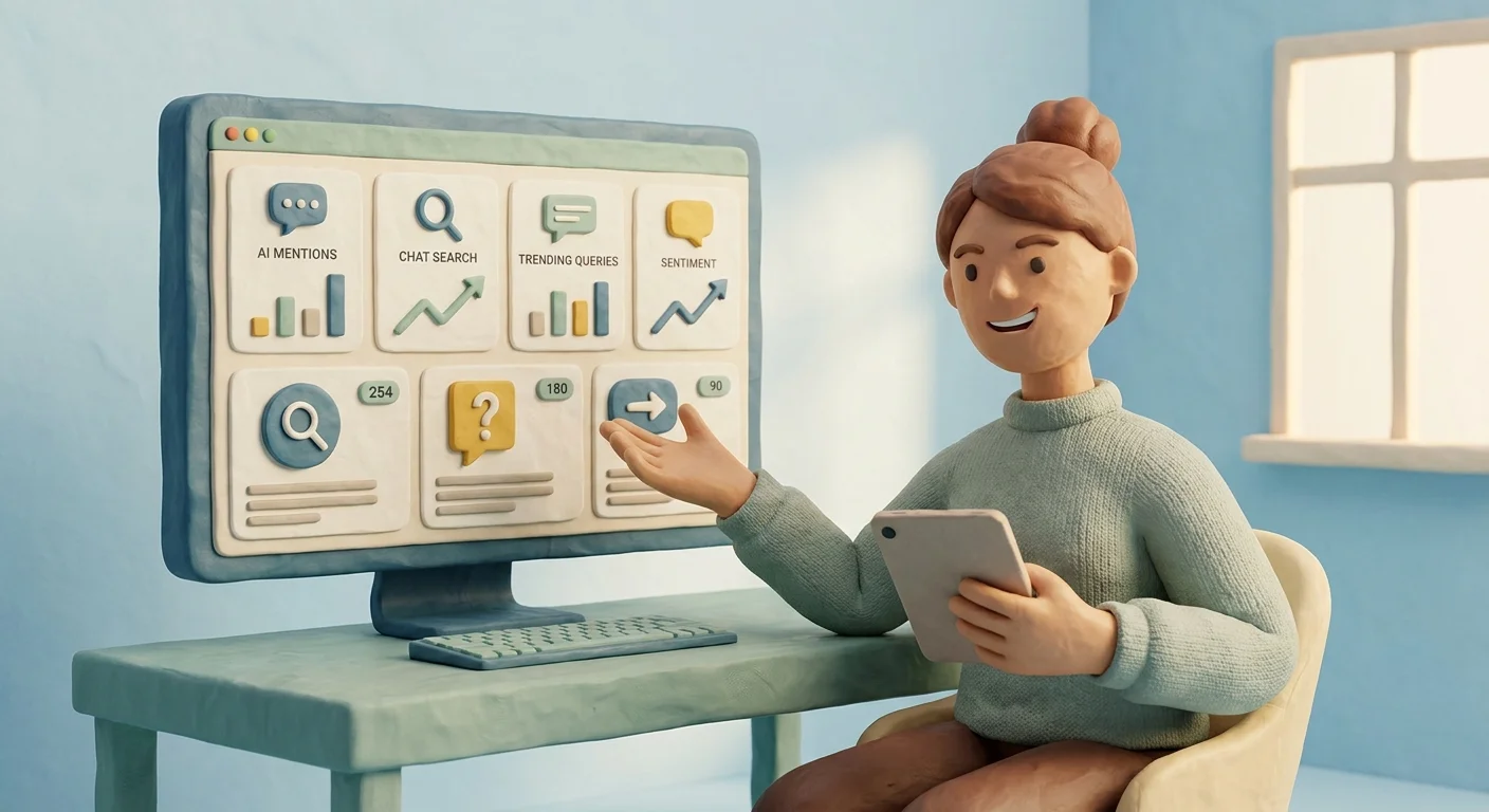 A solo marketer at a minimalist desk confidently reviewing a dashboard that tracks brand mentions across different AI chat interfaces.