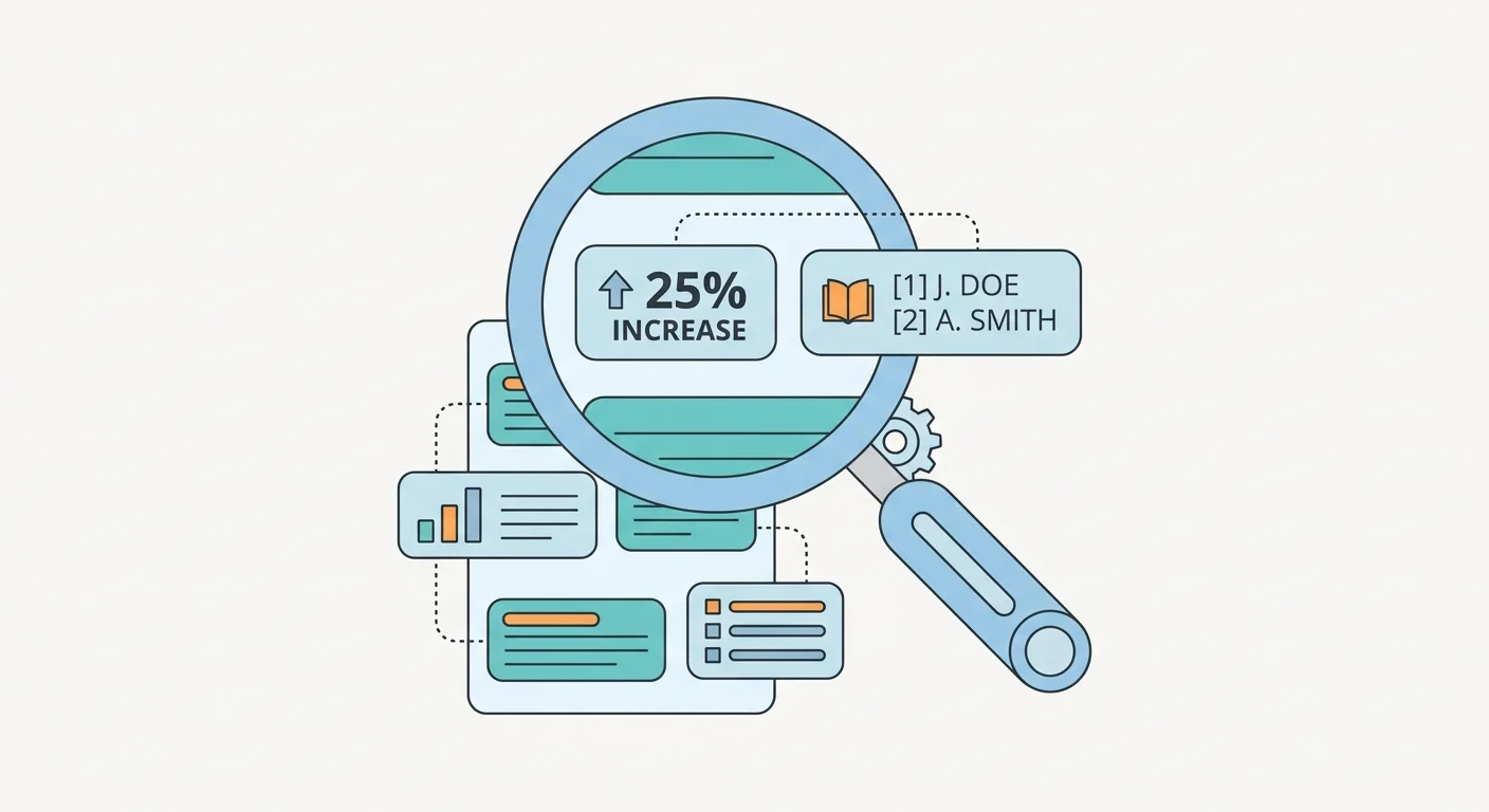 A close-up of a magnifying glass highlighting specific statistics and formatted citations in a digital document.