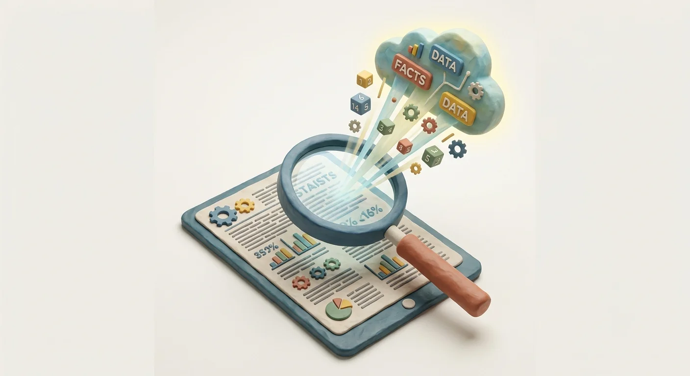 A magnifying glass focused on a dense paragraph of statistics and citations, highlighting the factual data extraction process by AI models.