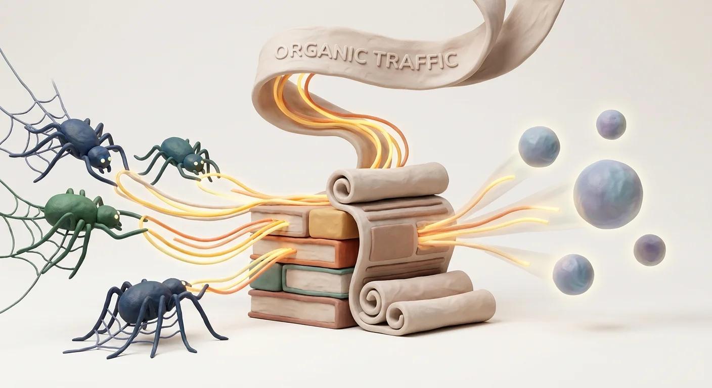A conceptual diagram illustrating traditional search engine spiders and modern glowing AI orbs both seamlessly extracting data from a neatly organized, structured article.