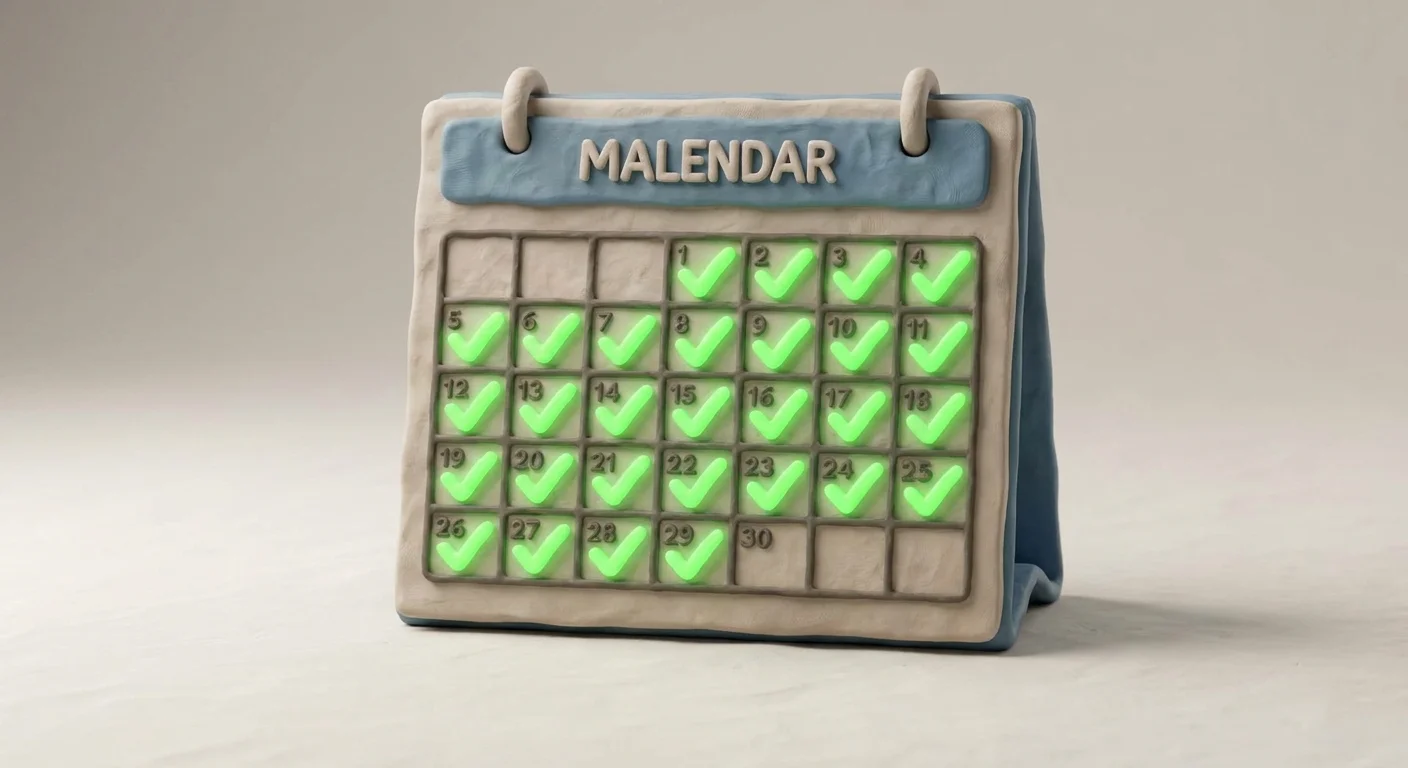 A digital calendar glowing with bright green checkmarks on every single day of the month, symbolizing the power of high-velocity automated publishing.