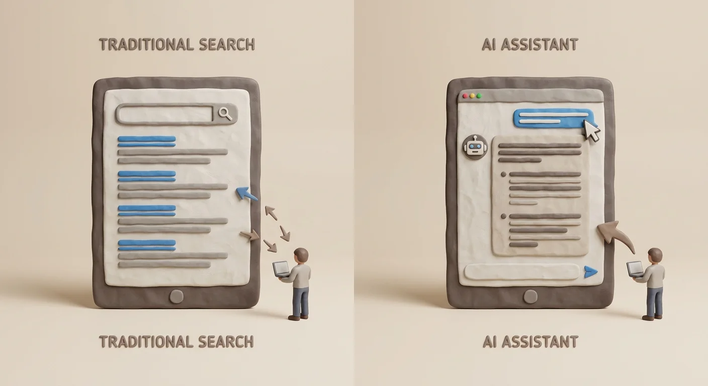 A split-screen visual showing a traditional search engine results page on one side and a modern AI chatbot interface generating a structured answer on the other.
