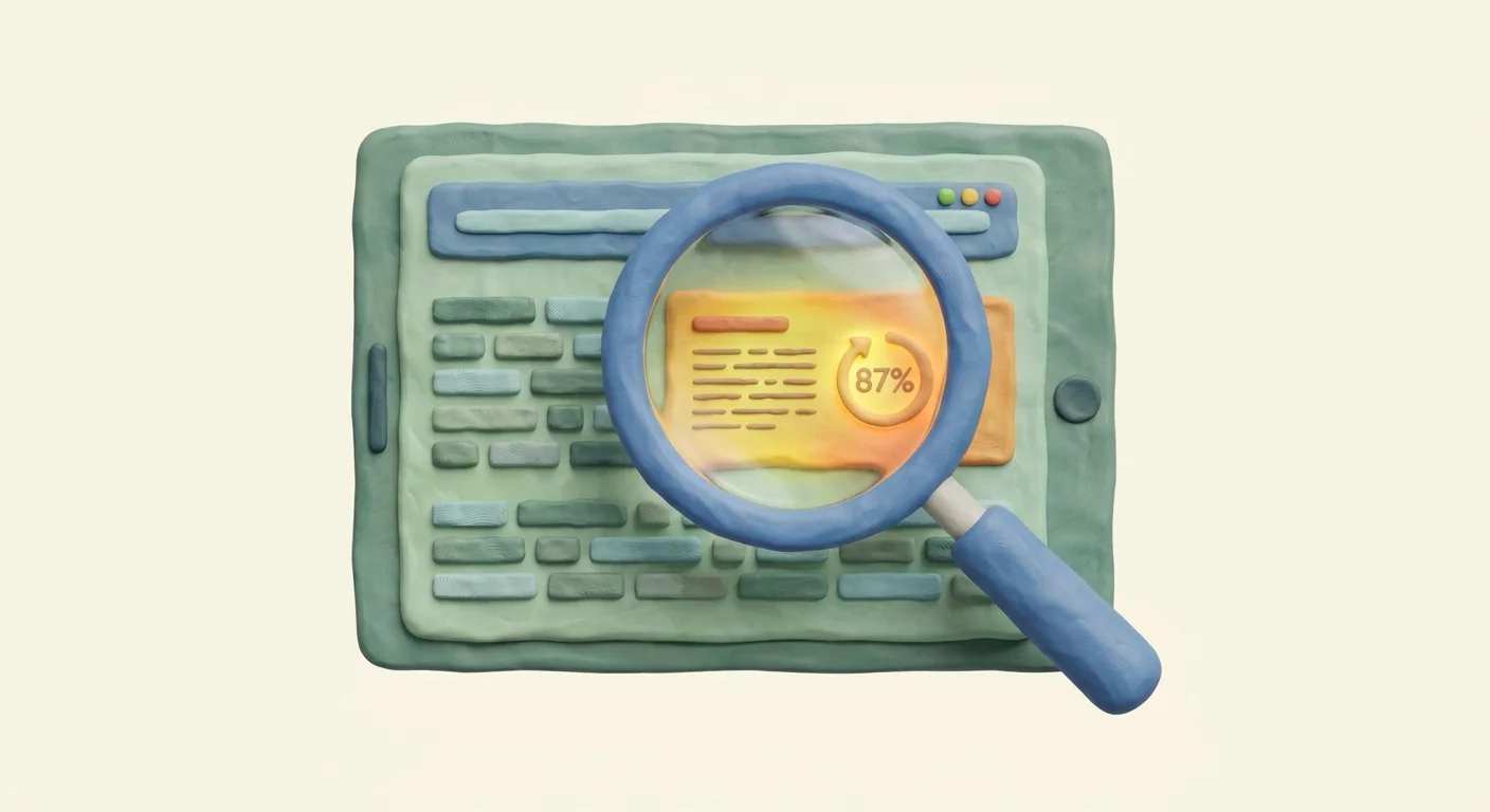 A magnifying glass hovering over a perfectly formatted digital document, zooming in on a highlighted 50-word precise answer block and a glowing cited statistic.